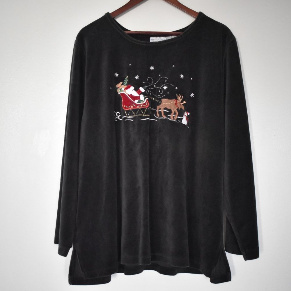 Ugly Christmas Sweater! Black velvet bedazzled shirt with Santa
